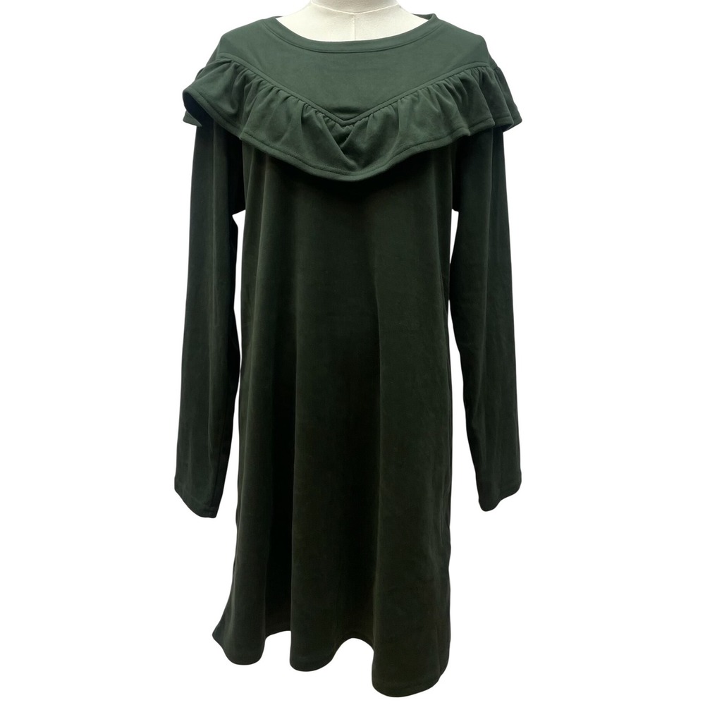Dark Green Ruffle Neck Swing Dress Womens L Long Sleeve Tunic Knit Boho Cozy